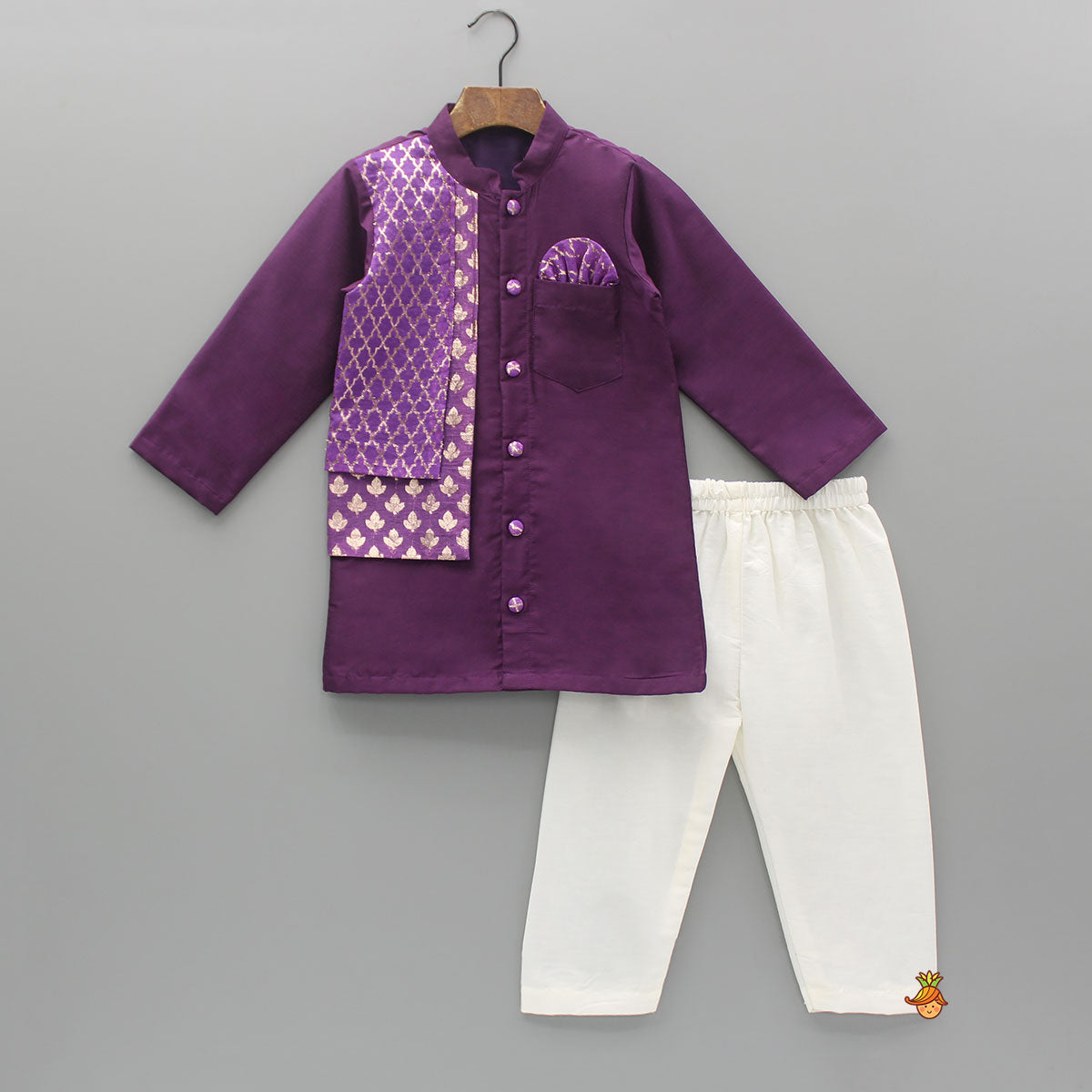 Kurta With Brocade Printed Attached Half Jacket And Pyjama