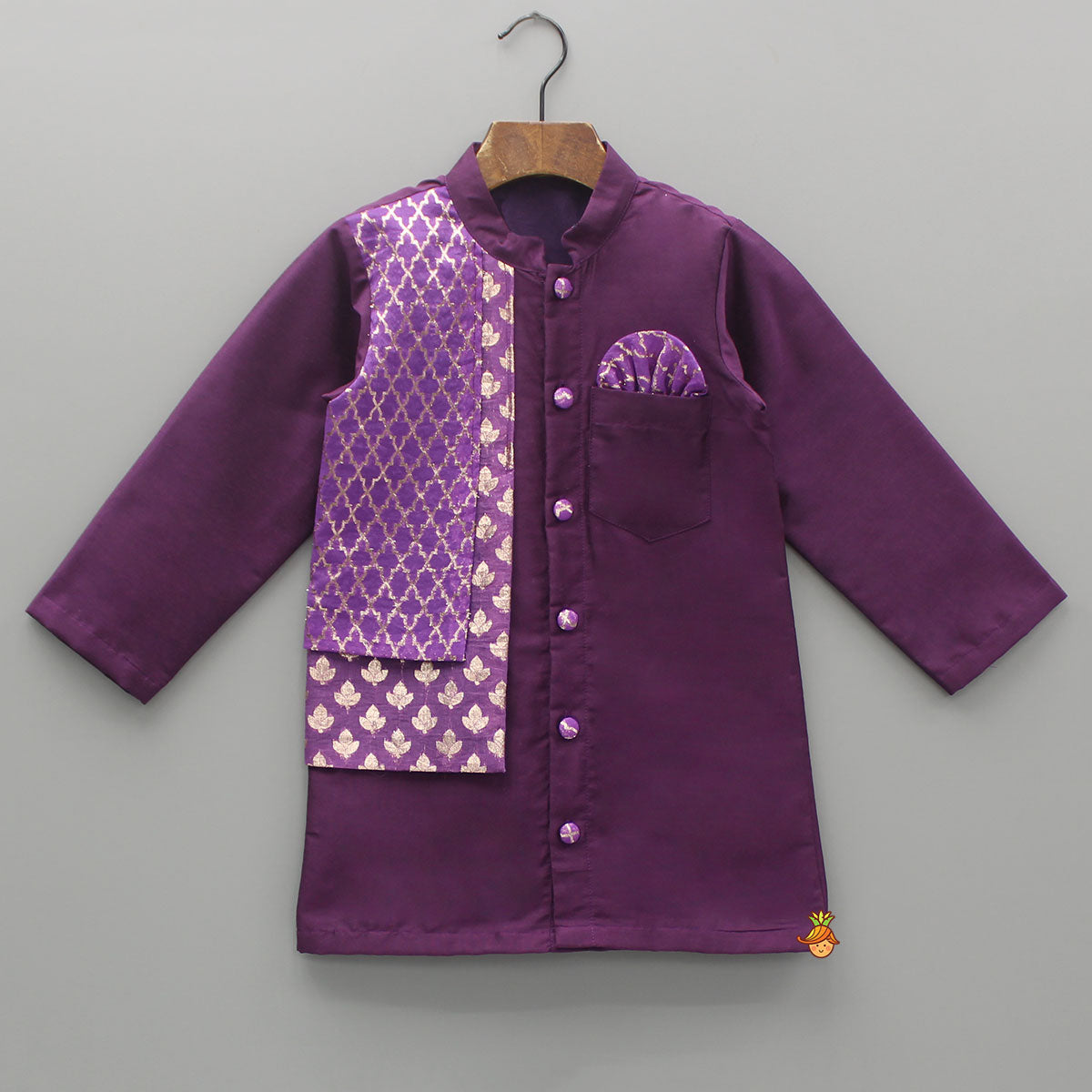 Kurta With Brocade Printed Attached Half Jacket And Pyjama