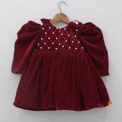 Pre Order: Velvet Dress With Pearl And Threadwork Detailing With Matching Bow Clip