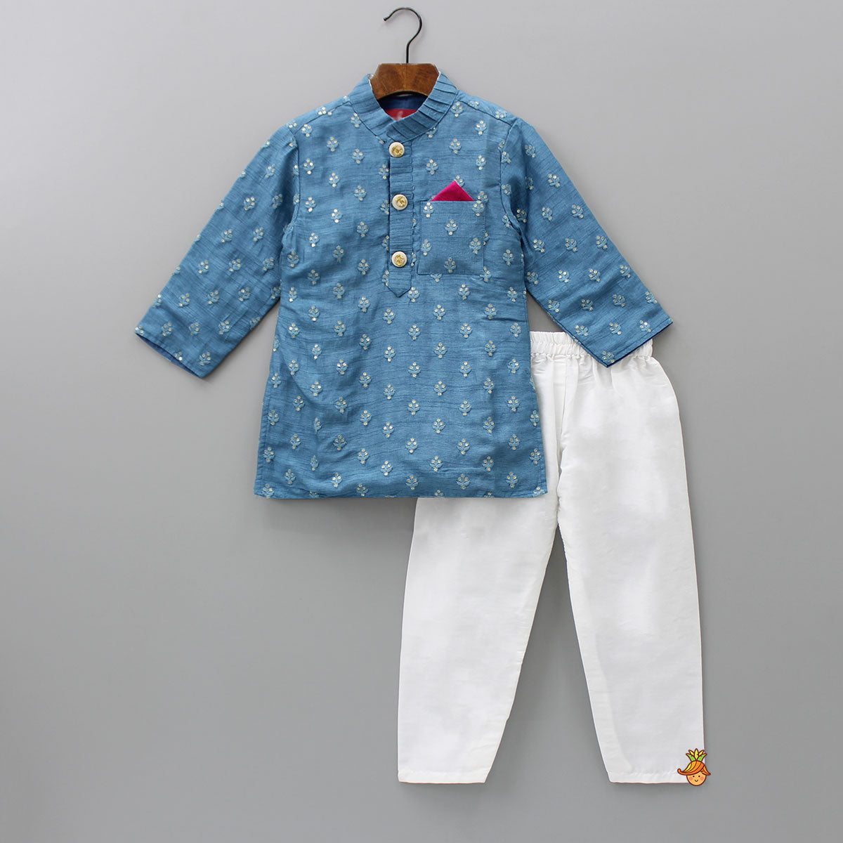 Pre Order: Blue Floral Thread And Sequin Work Kurta And Pyjama