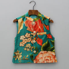 Pre Order: Velvet Floral Printed Orange Kurta With Green Velvet Jacket And Pyjama