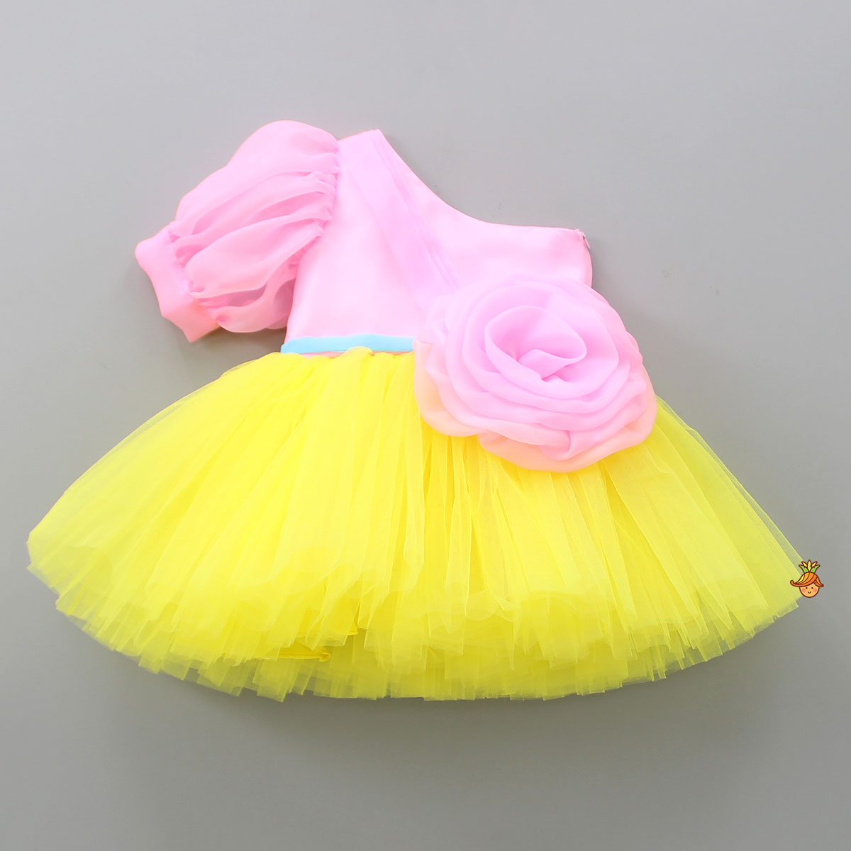Pink And Yellow Stylish One Shoulder Over Size Flower Dress