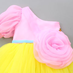 Pre Order: Pink And Yellow Stylish One Shoulder Over Size Flower Dress