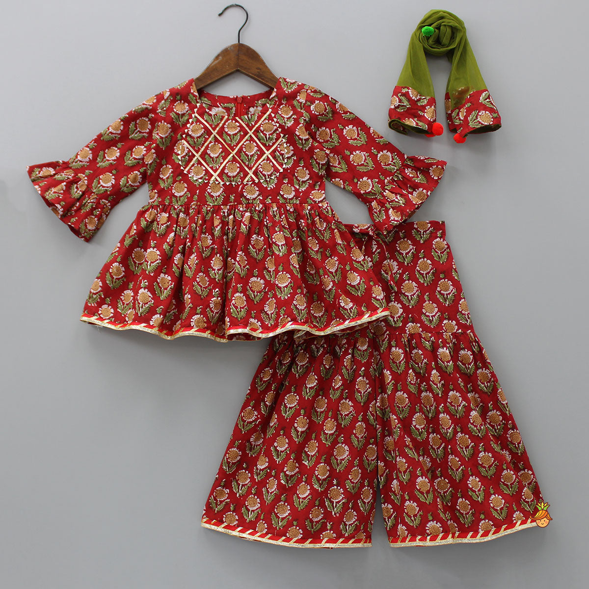 Floral Printed Red Kurta And Palazzo With Dupatta