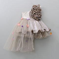 Pre Order: Stylish Shimmery One Shoulder Dress With Detachable Drape And Matching Hair Clip