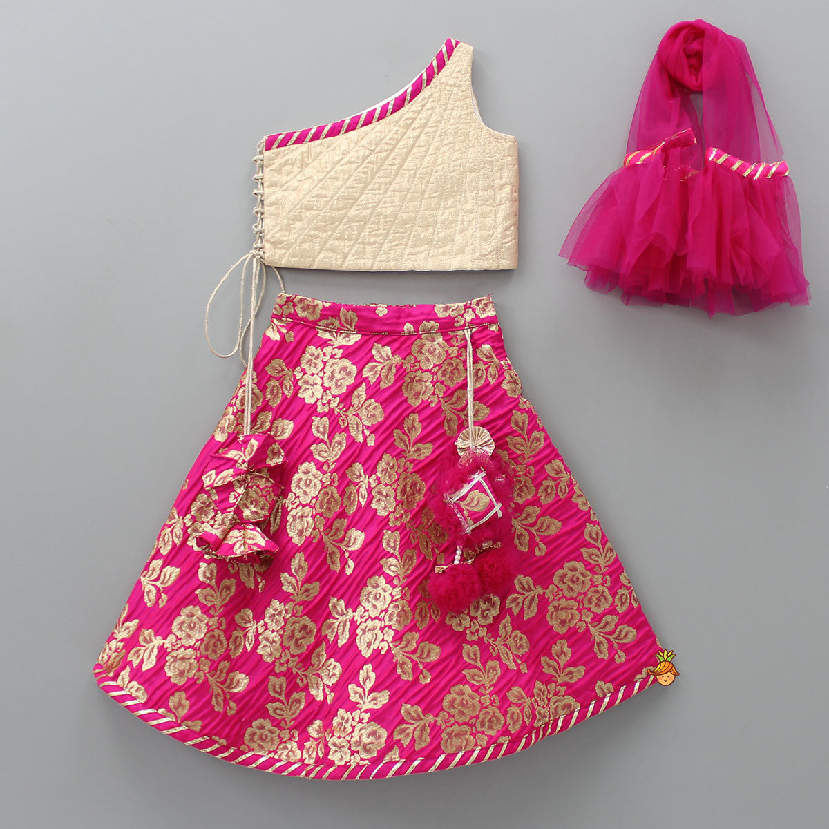 One Shoulder Top With Floral Brocade Embroidered Lehenga And Pink Dupatta