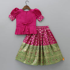 Pre Order: Sequin And Bead Work Top With Floral Brocade Embroidered Dual Colour Banarasi Lehenga