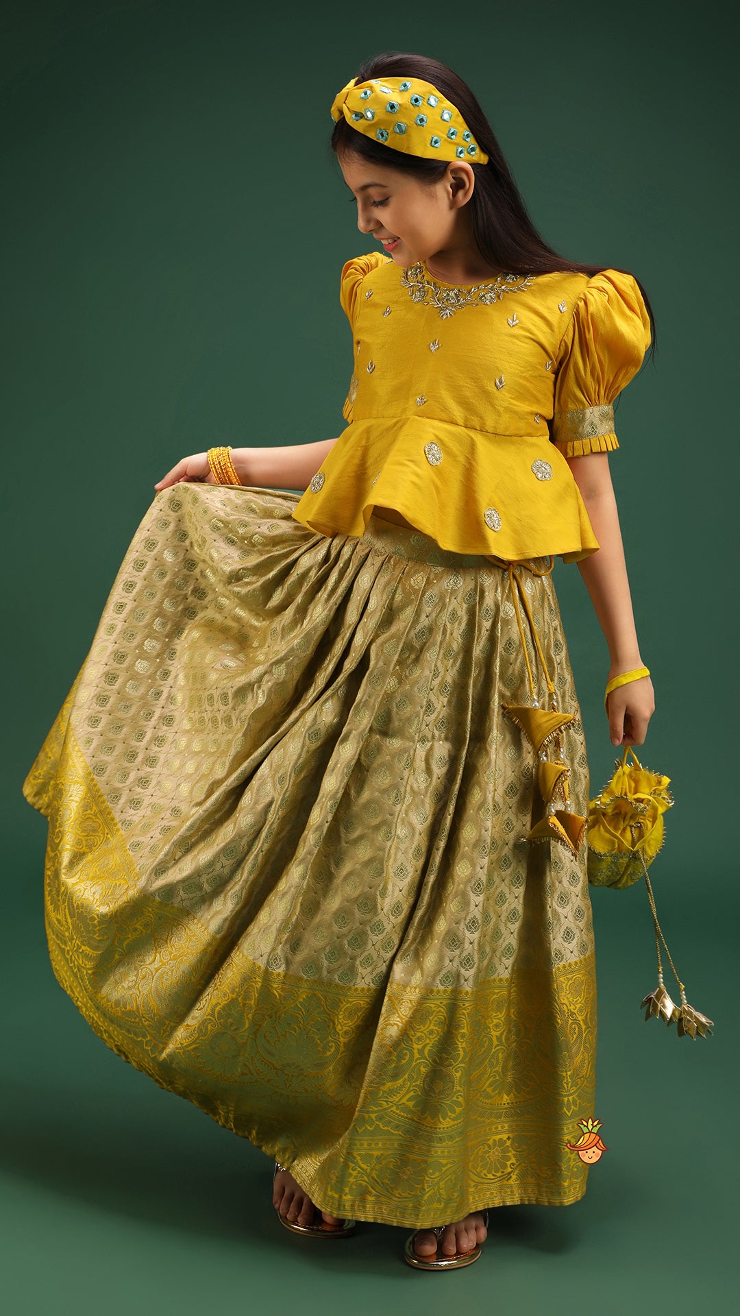 Beautiful Zari Floral Work And Puff Sleeves Peplum Top With Banarasi Brocade Embroidered Lehenga