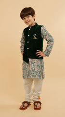 Pre Order: Green Velvet Jacket With Floral Printed Kurta And Churidar
