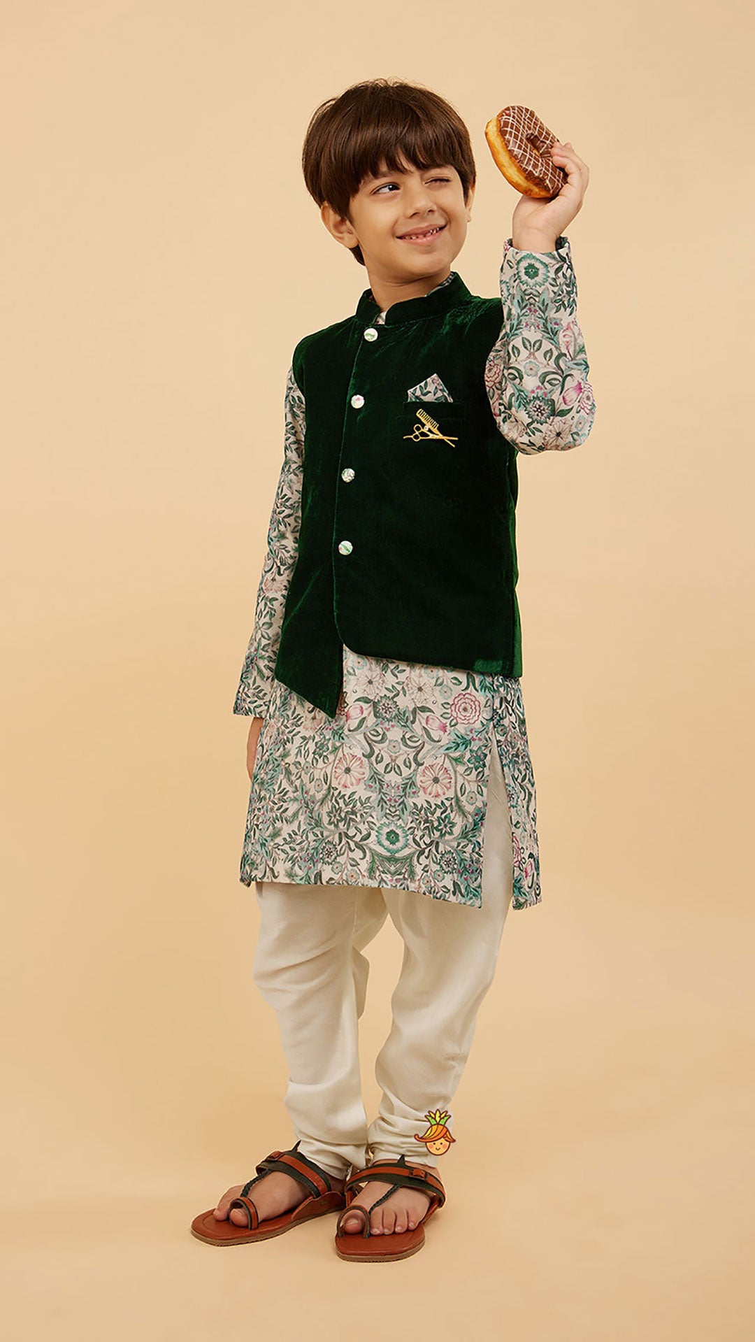 Green Velvet Jacket With Floral Printed Kurta And Churidar