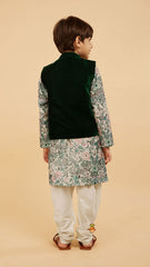 Pre Order: Green Velvet Jacket With Floral Printed Kurta And Churidar