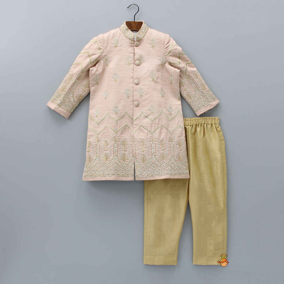 Pre Order: Zari Thread Embroidered Peach Sherwani With Pyjama