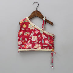 Pre Order: Floral Printed One Shoulder Top With Red Lehenga