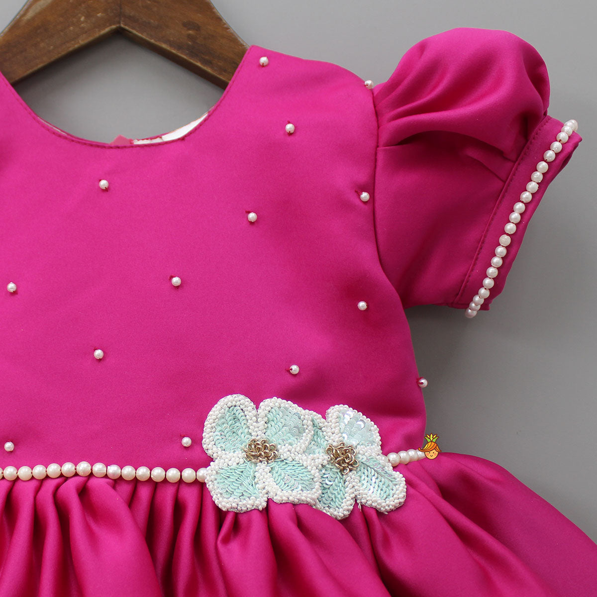 Bead And Sequin Embroidered Floral Patch Work Hot Pink Dress