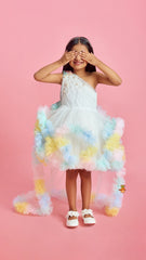 Pre Order: Pearl Embellished One Shoulder Ruffled Dress With Detachable Drape