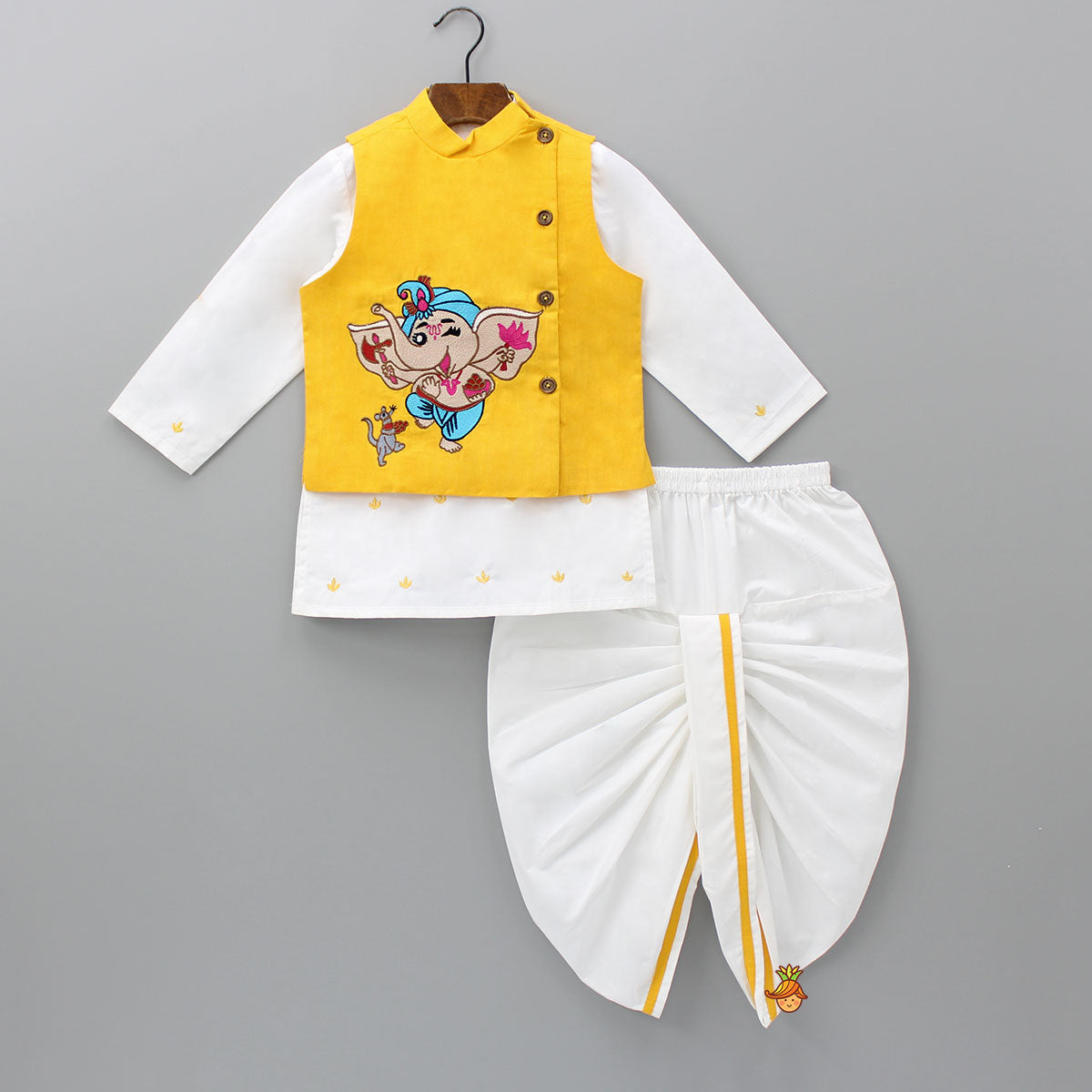 Cute Ganesh Thread Embroidered Yellow Jacket With Kurta And Dhoti