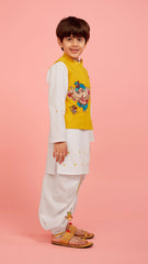 Pre Order: Cute Ganesh Thread Embroidered Yellow Jacket With Kurta And Dhoti