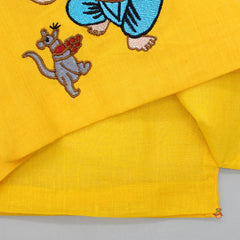 Pre Order: Cute Ganesh Thread Embroidered Yellow Jacket With Kurta And Dhoti
