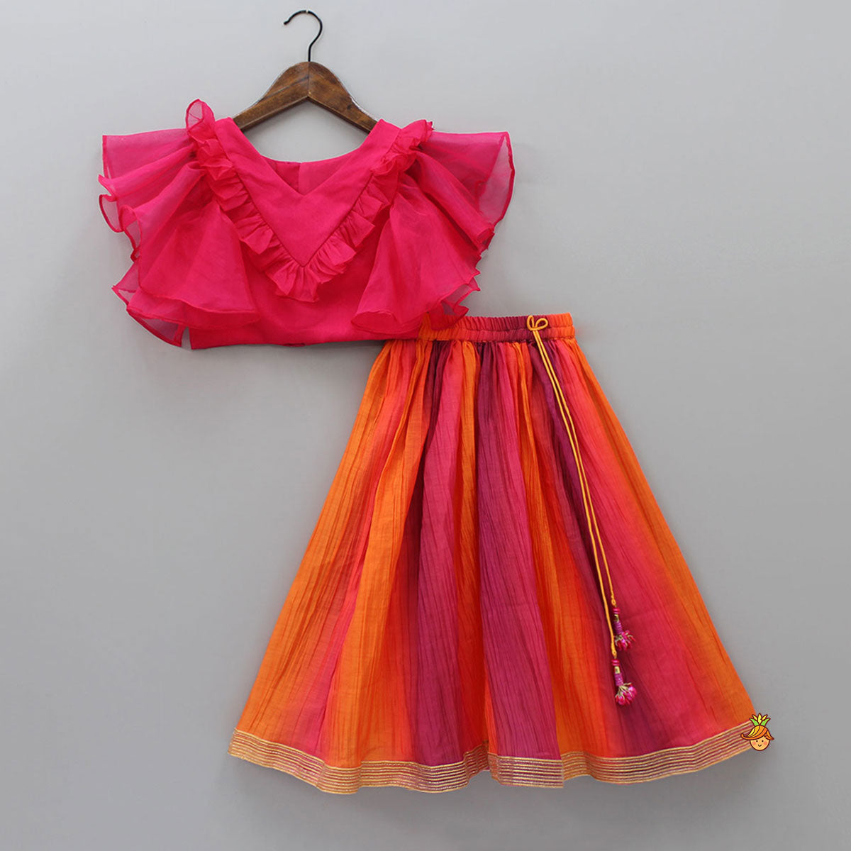 Raspberry Pink Organza Frilly Top With Colourful Shaded Lehenga