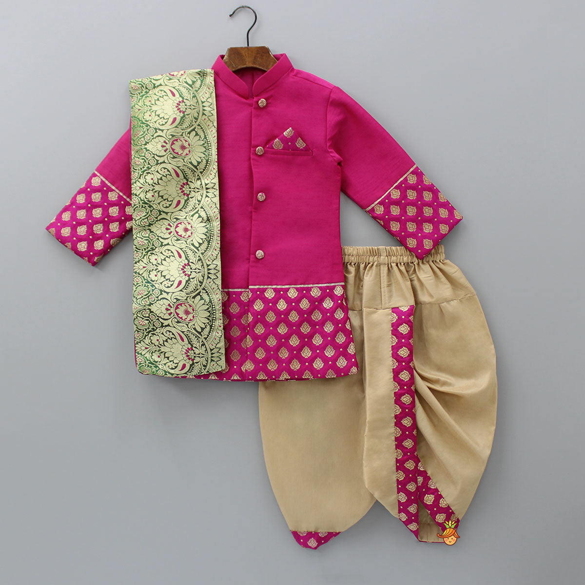 Magenta Pink Sherwani Style Kurta With Dhoti And Brocade Shawl