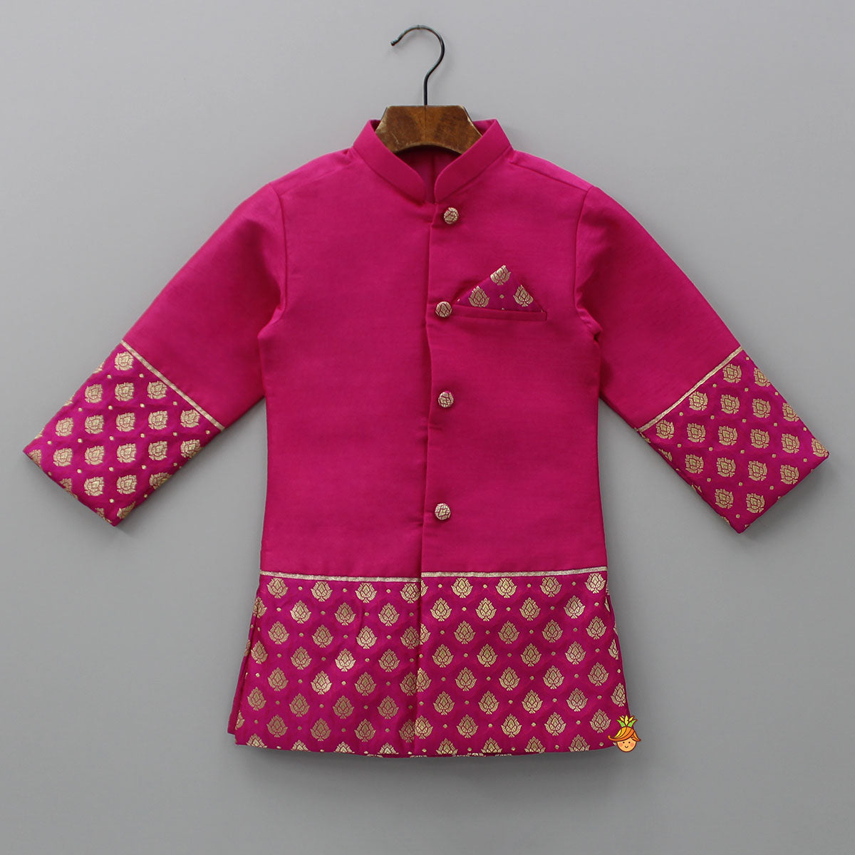 Magenta Pink Sherwani Style Kurta With Dhoti And Brocade Shawl