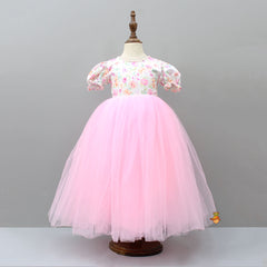 Pre Order: Pink Floral Printed And Pearl Detailed Gown With Detachable Trail