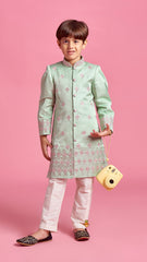 Pre Order: Pastel Green Zari And Thread Embroidered Sherwani With Pyjama