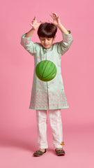 Pre Order: Pastel Green Zari And Thread Embroidered Sherwani With Pyjama