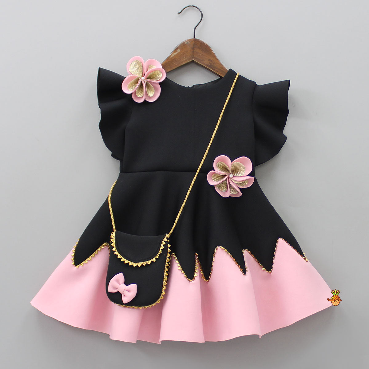 Flower Embellished Black Dress With Sling Bag
