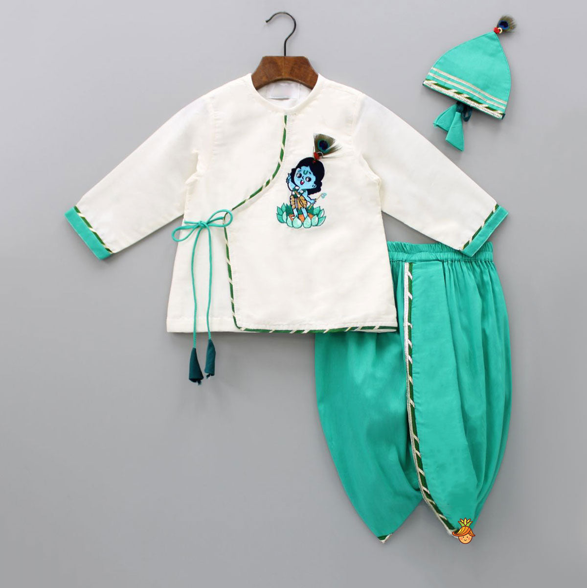 Pre Order: Aqua Green Krishna Embroidered Angarkha Style Kurta With Lace Work Dhoti And Mukut