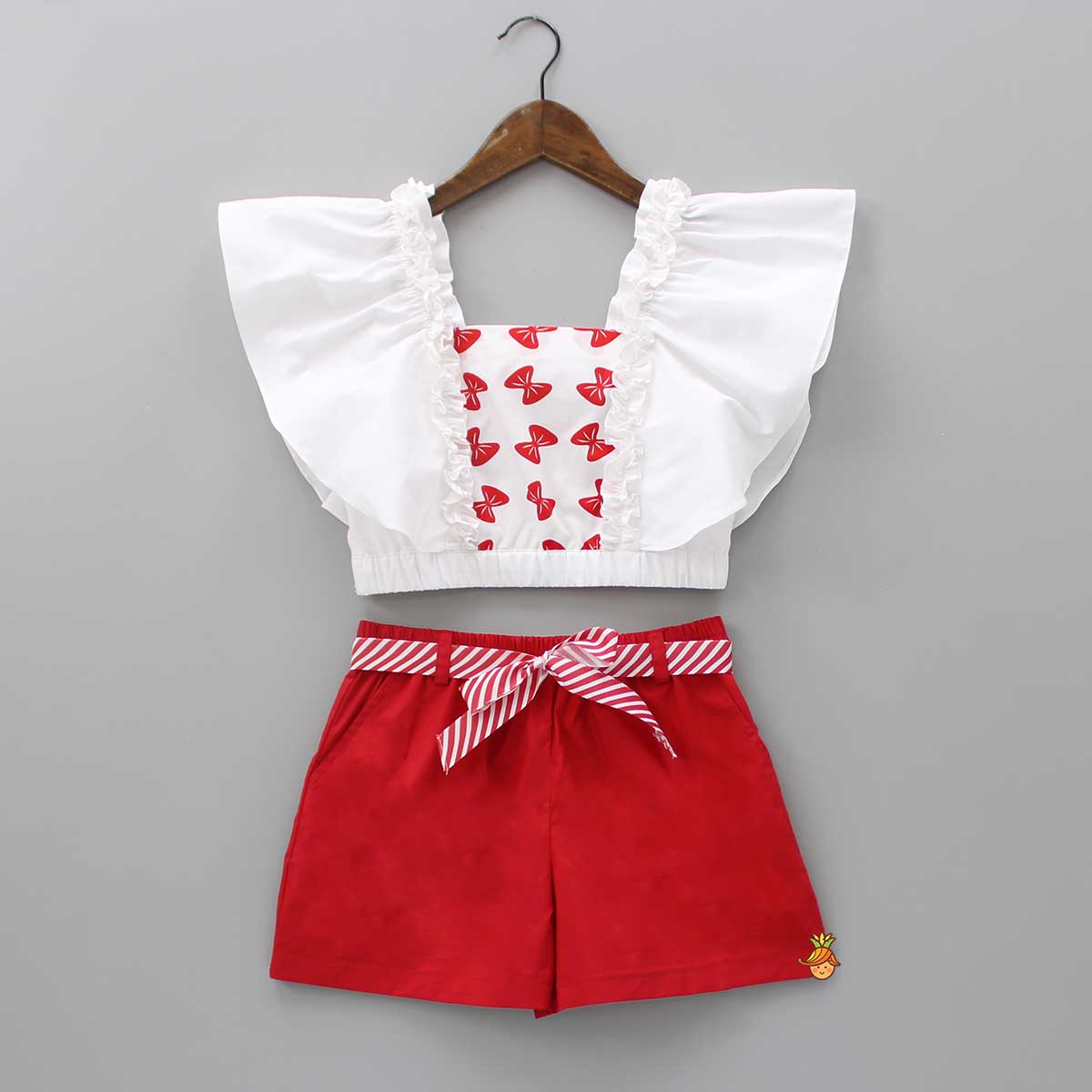 Pre Order: Bow Printed Crop Top With Shorts And Detachable Belt