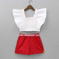 Pre Order: Bow Printed Crop Top With Shorts And Detachable Belt