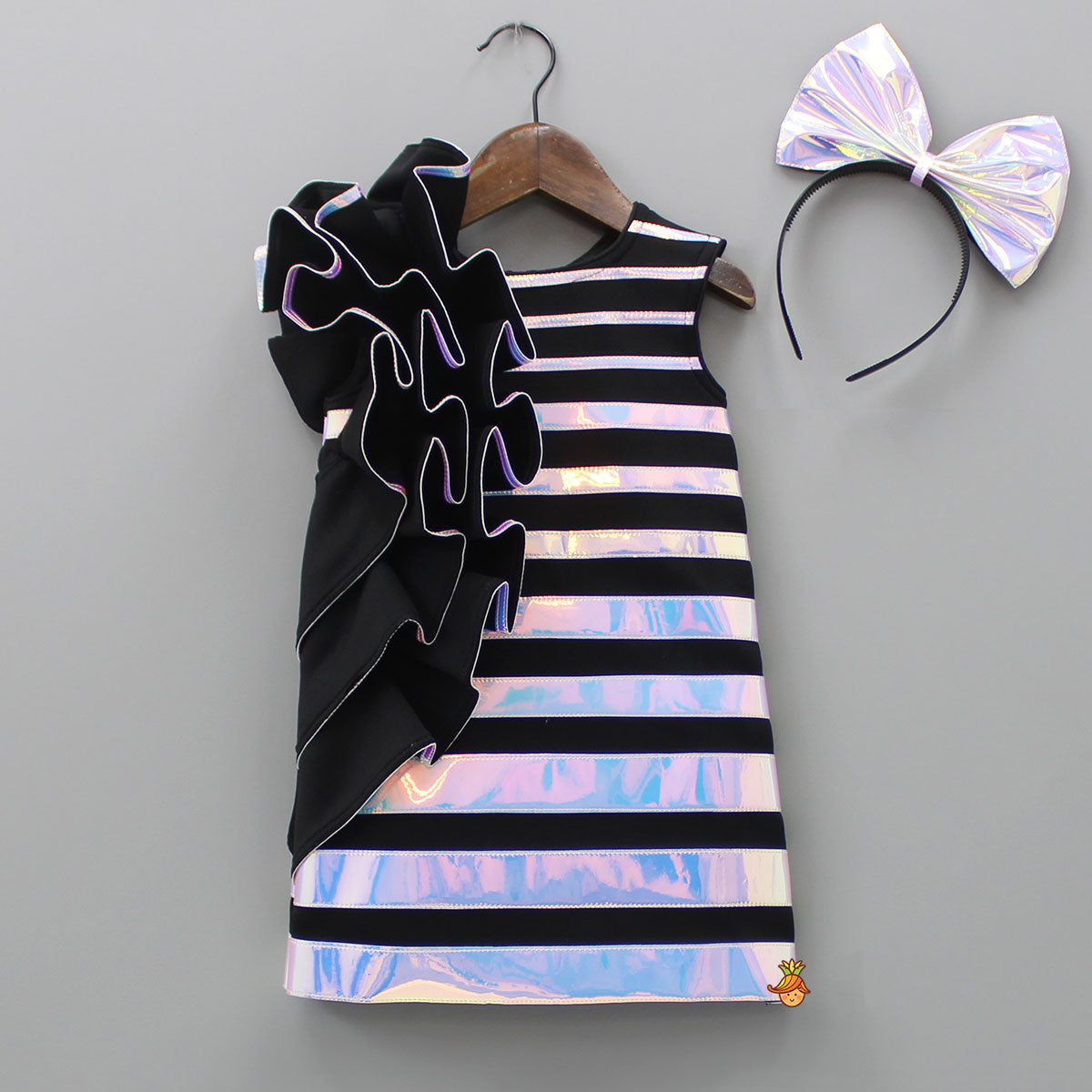Black Holographic Ruffle Dress With Bow Hair band