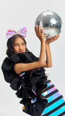 Pre Order: Black Holographic Ruffle Dress With Bow Hair band