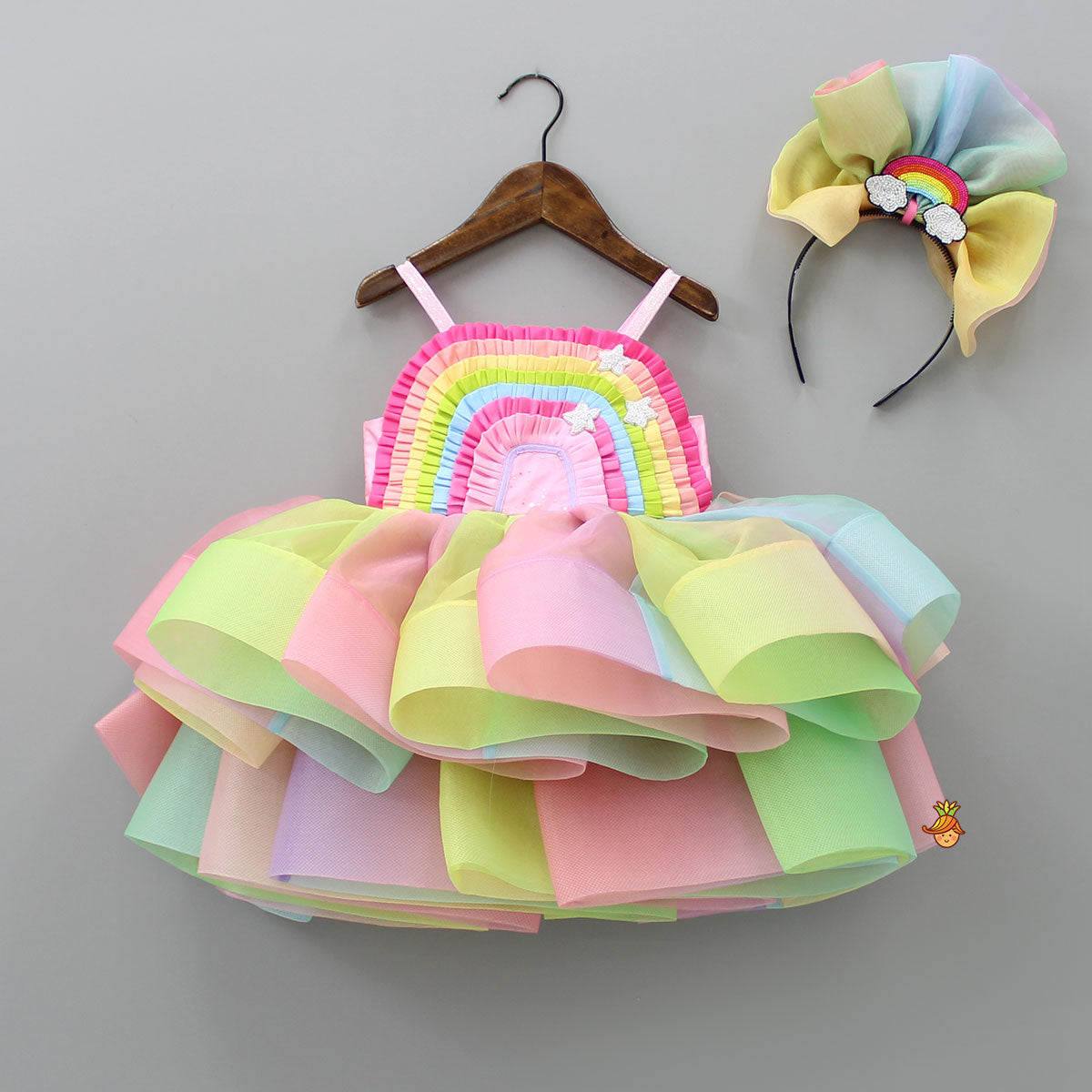 Pre Order: Multicolour Shaded Rainbow Theme Ruffled Dress With Hair Band