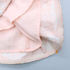 Pre Order: Peach Zari Brocade Ruffle Sleeves Dress