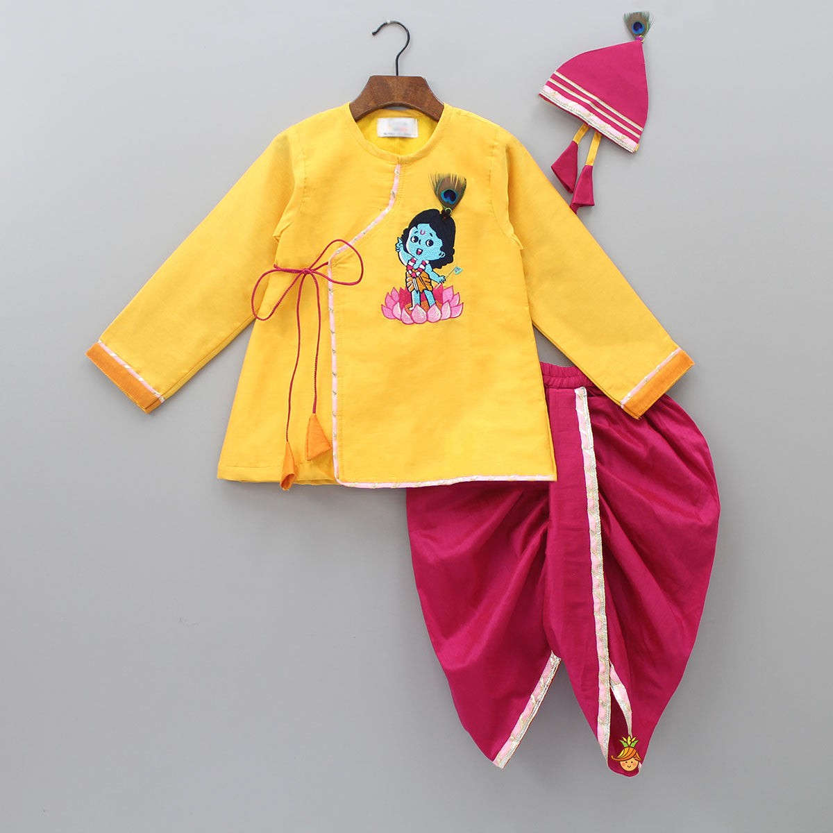 Yellow Krishna Embroidered Angarkha Style Kurta With Lace Work Pink Dhoti And Mukut