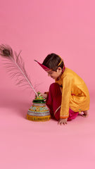 Pre Order: Yellow Krishna Embroidered Angarkha Style Kurta With Lace Work Pink Dhoti And Mukut