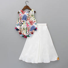 Pre Order: White Floral Thread Embroidered Top With Palazzo