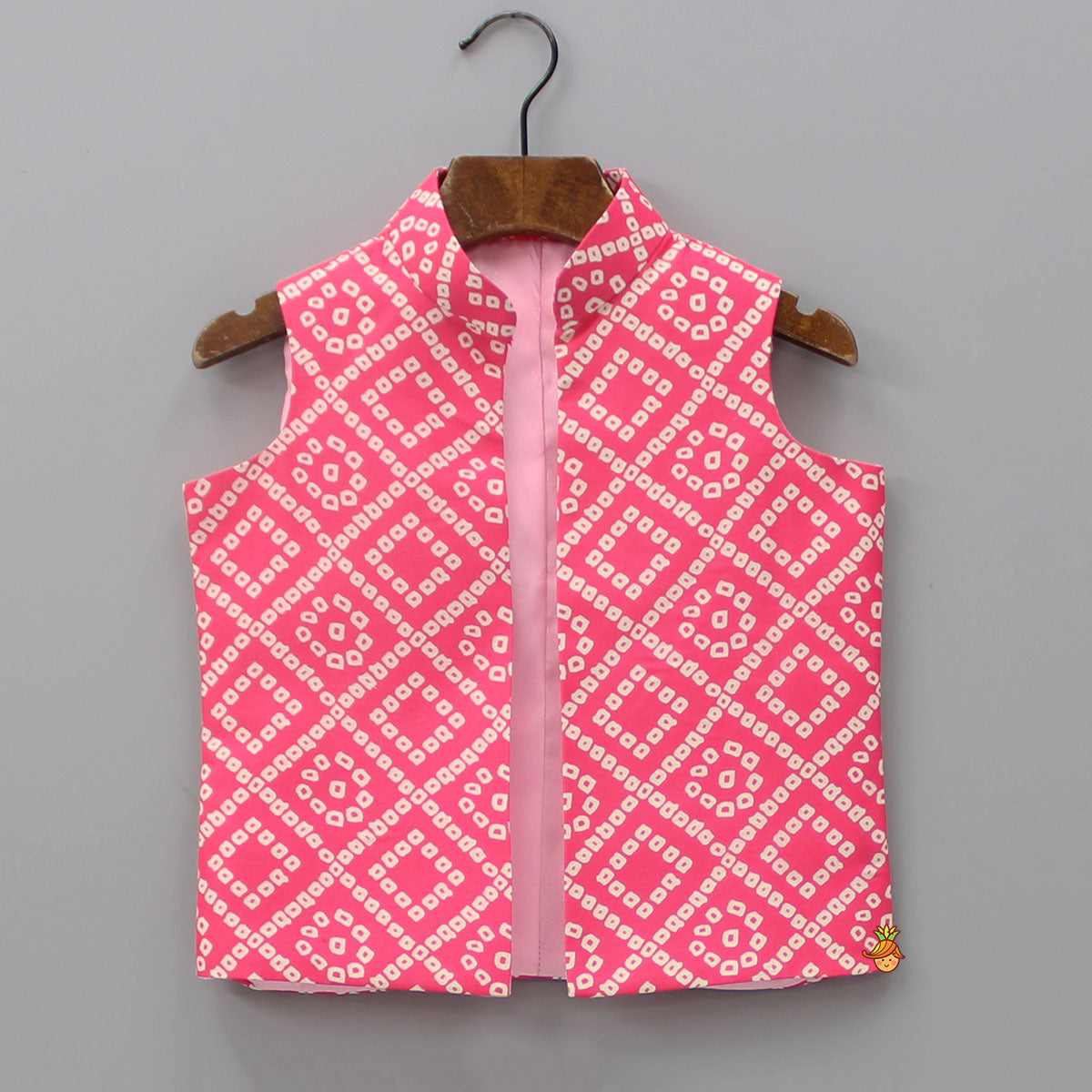 Pink Bandhani Printed Kurta With Open Jacket And Churidar