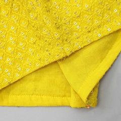 Pre Order: Yellow Thread Embroidered Spaghetti Top With Shibori Lehenga And Dupatta