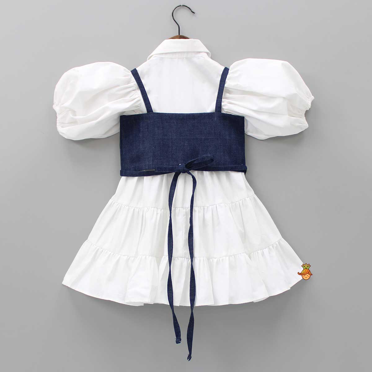 White Shirt Style Tiered Dress With Denim Top And Cap