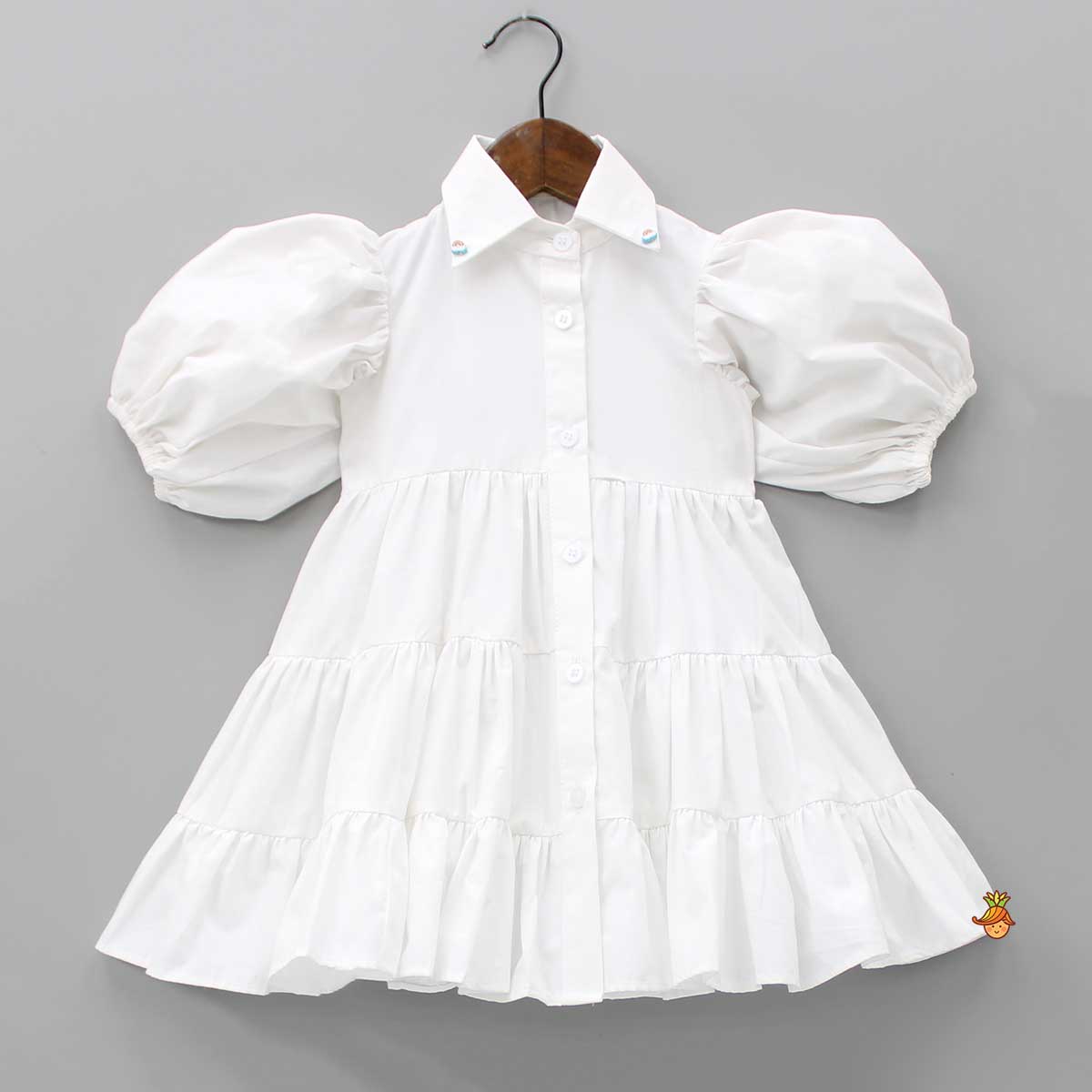 White Shirt Style Tiered Dress With Denim Top And Cap