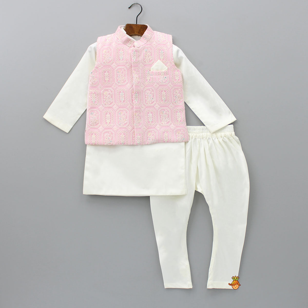Off White Kurta And Churidar With Pink Chikankari Embroidered Jacket