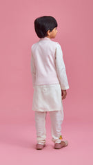 Pre Order: Off White Kurta And Churidar With Pink Chikankari Embroidered Jacket