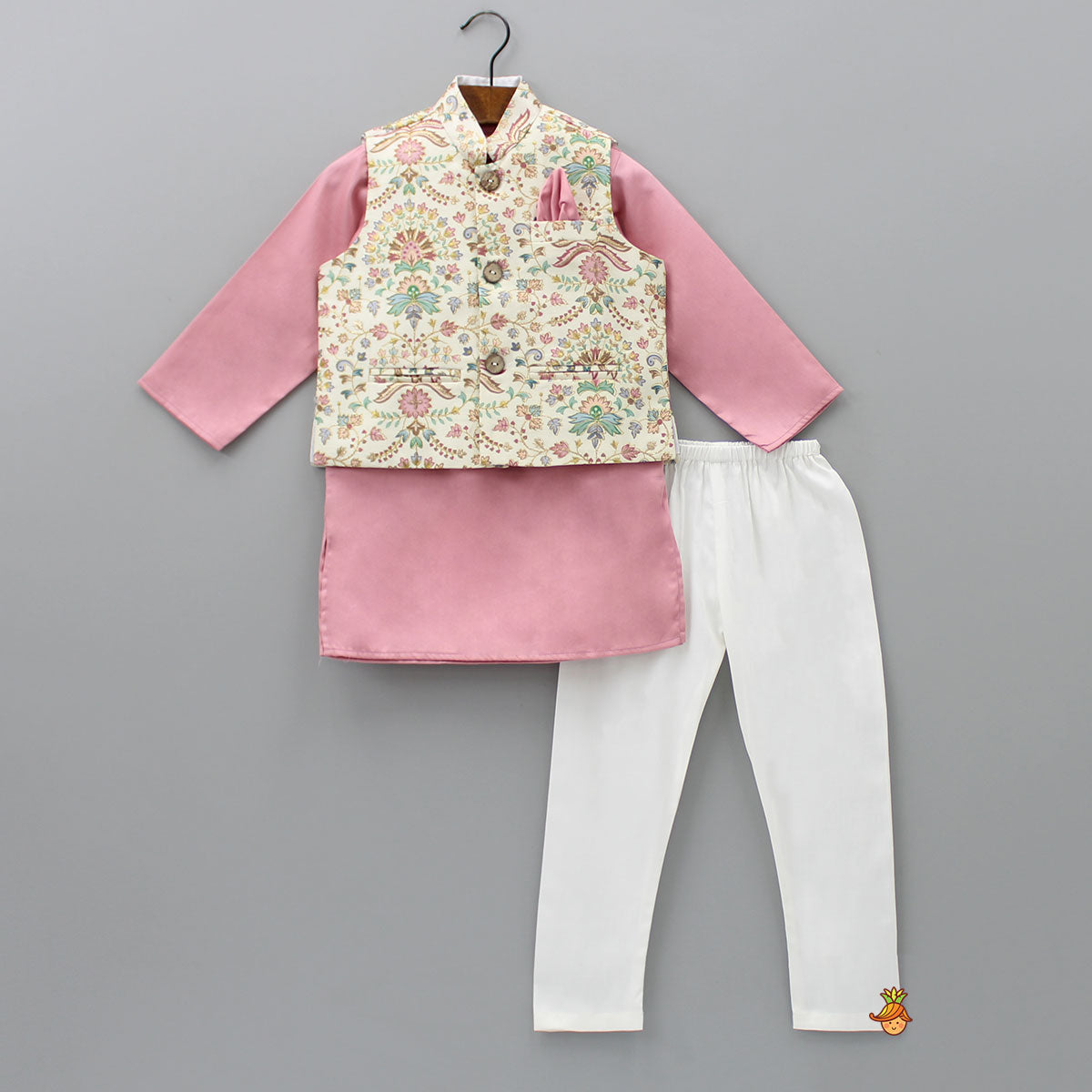 Floral Printed Thread Work Jacket With Rusty Red Kurta And Pyjama