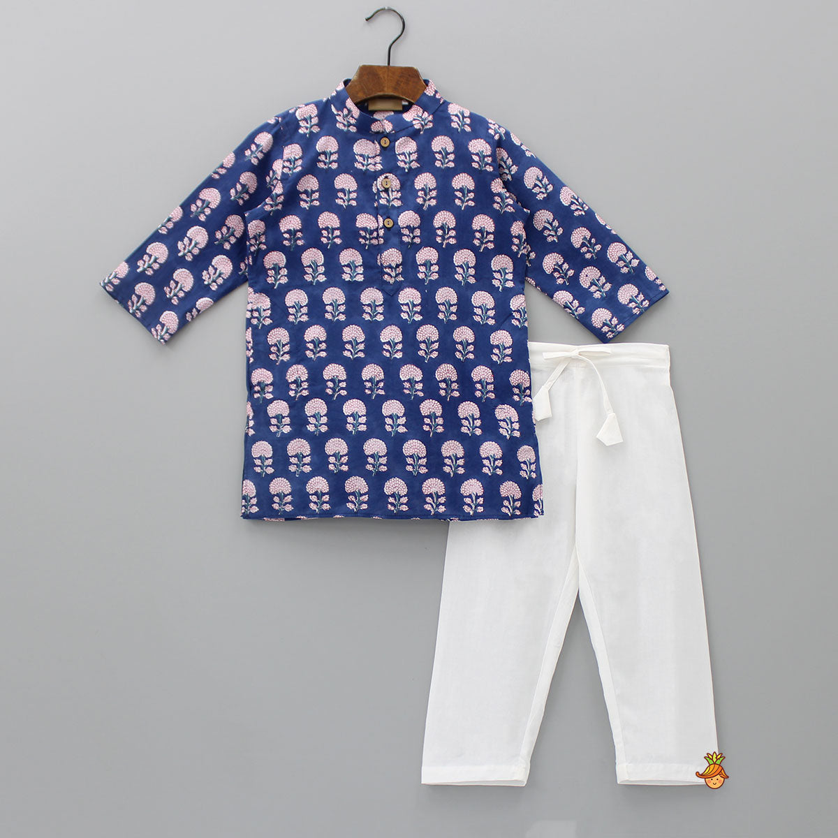 Pre Order: Hand Block Floral Printed Navy Blue Kurta And Pyjama