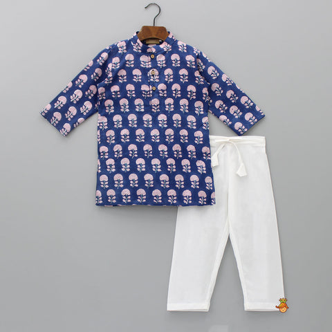 Pre Order: Hand Block Floral Printed Navy Blue Kurta And Pyjama