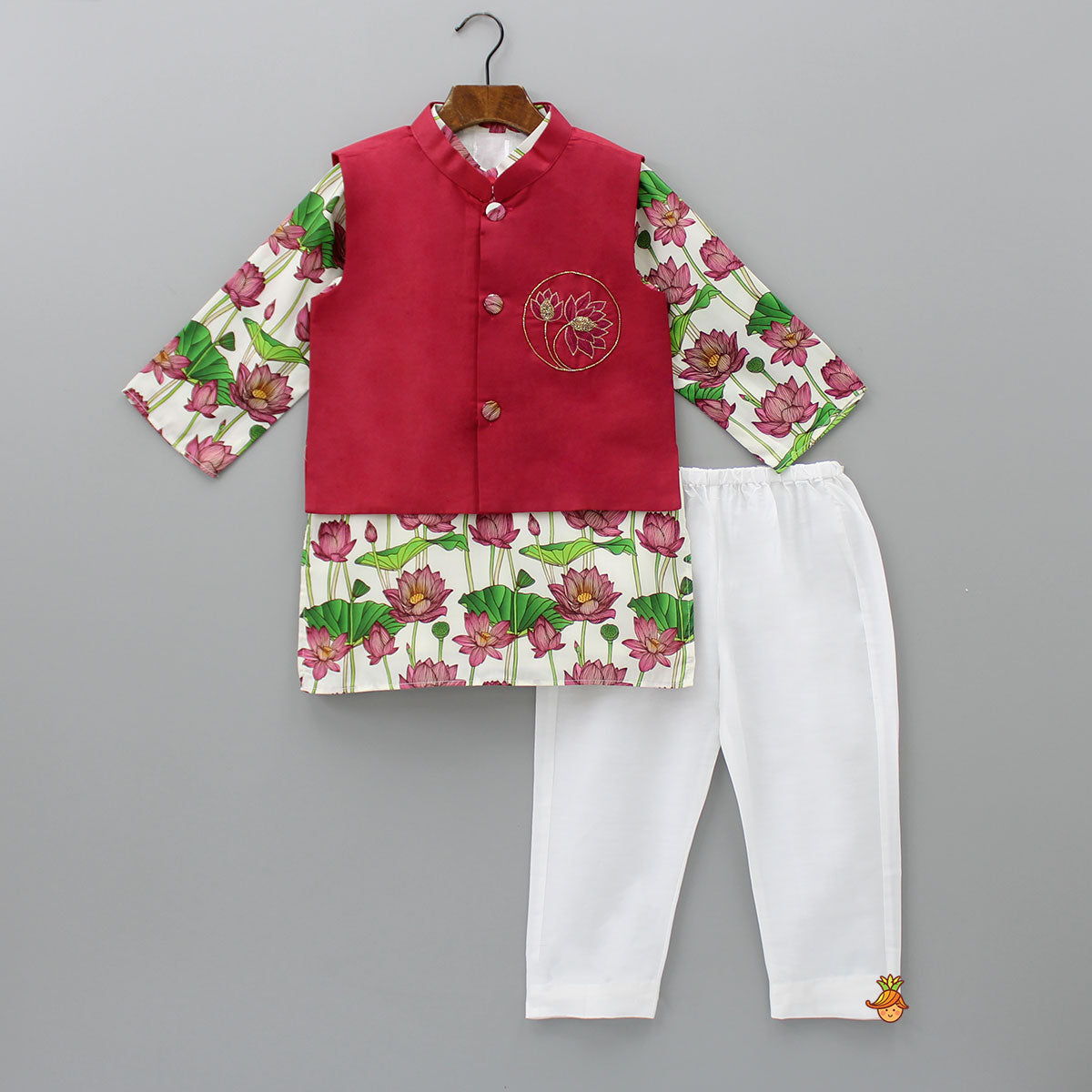 Pre Order: Tropical Lotus Printed Kurta And Embroidered Jacket With Pyjama