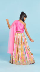 Pre Order: Pink One Shoulder Drape Style Top With Multicolour Sequins Embellished Lehenga